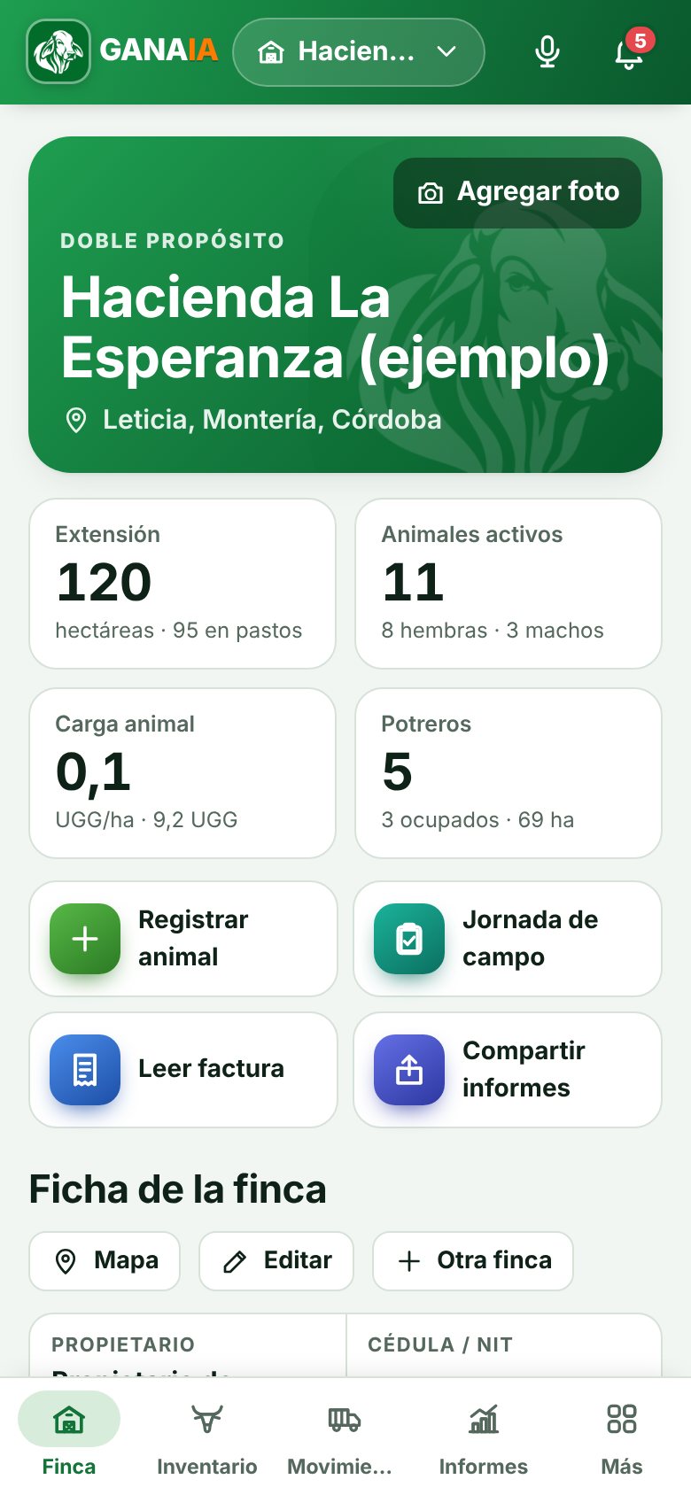 Pantalla de inicio de GanaIA con la ficha de la finca