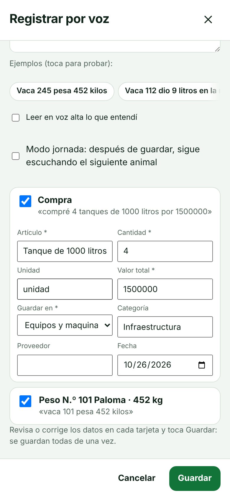 Registro por voz con la tarjeta de una compra lista para guardar